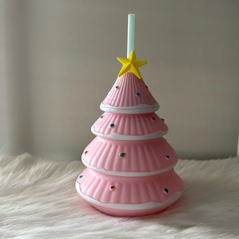New! Pink Novelty Christmas Tree Tumbler w/ straw by Target Bullseye Playground